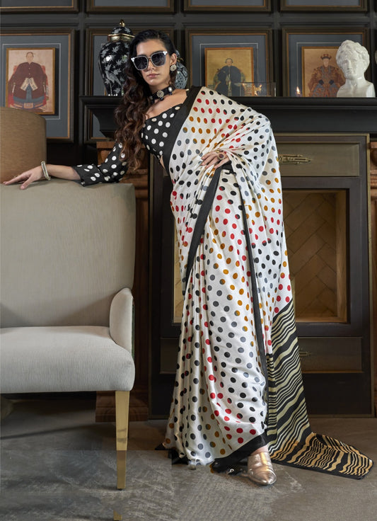 Gorgeous White And Black Satin Crape Carnival Saree