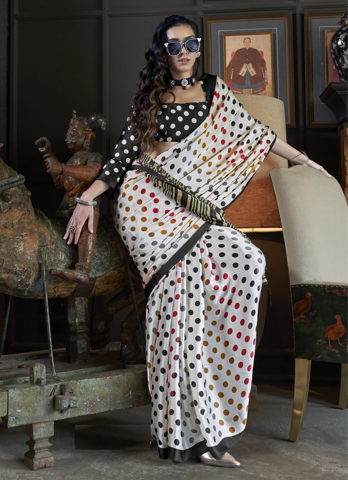 Gorgeous White And Black Satin Crape Carnival Saree