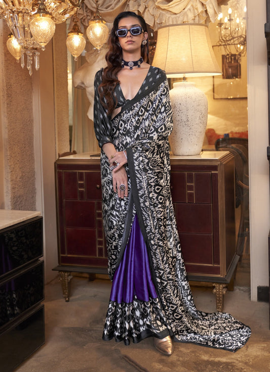 Stunnig Black And Blue Satin Crape Carnival Saree