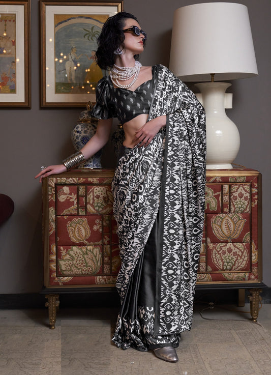 Lovely Black And White Satin Crape Carnival Saree
