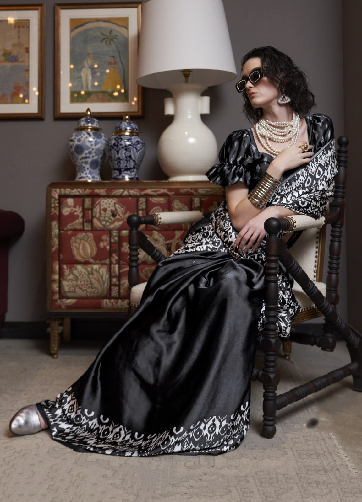 Lovely Black And White Satin Crape Carnival Saree