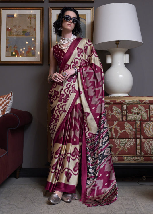 Exquisit Burgundy And Cream Satin Crape Carnival Saree