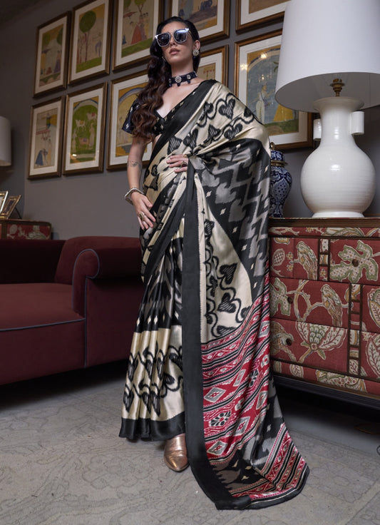 Spectacular Cream And Black Satin Crape Carnival Saree