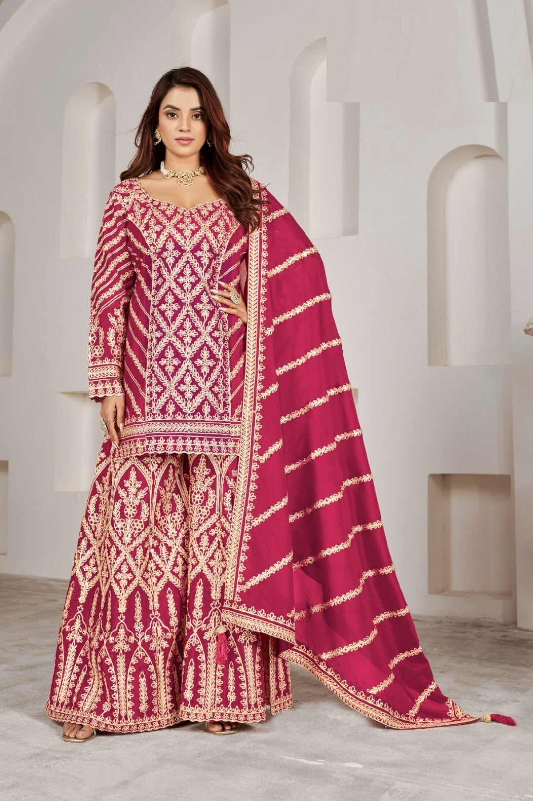 The Festive Pink Top Palazzo And Dupatta Suit Set