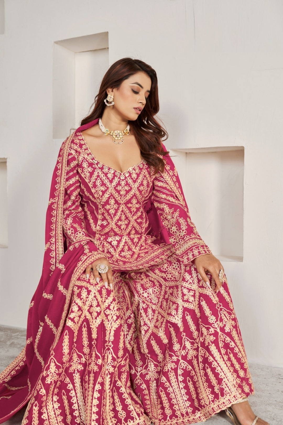The Festive Pink Top Palazzo And Dupatta Suit Set
