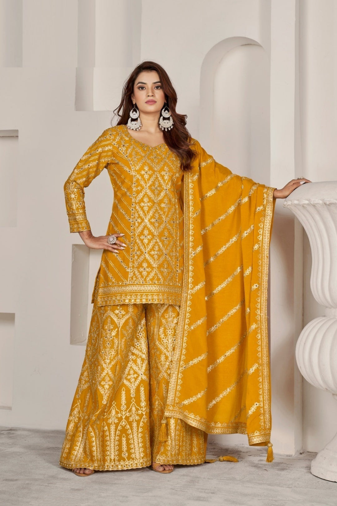 Mustard Gotakari And Hand Mirror Work Palazzo Suit Set