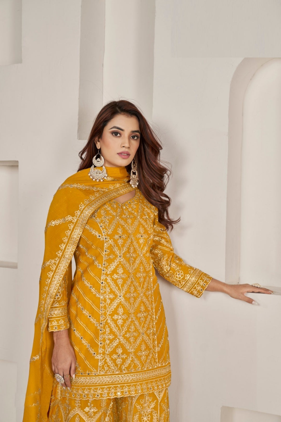 Mustard Gotakari And Hand Mirror Work Palazzo Suit Set