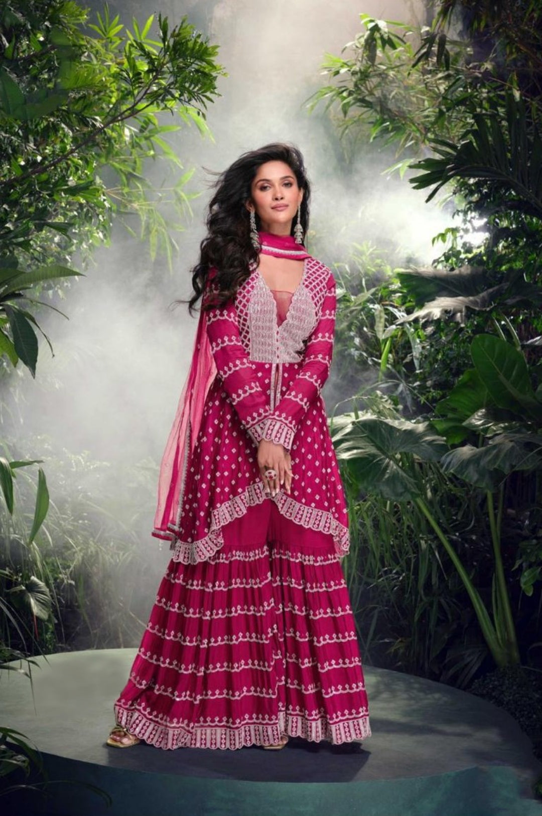 Pink Three Piece Gharara Set With Embroidery Work