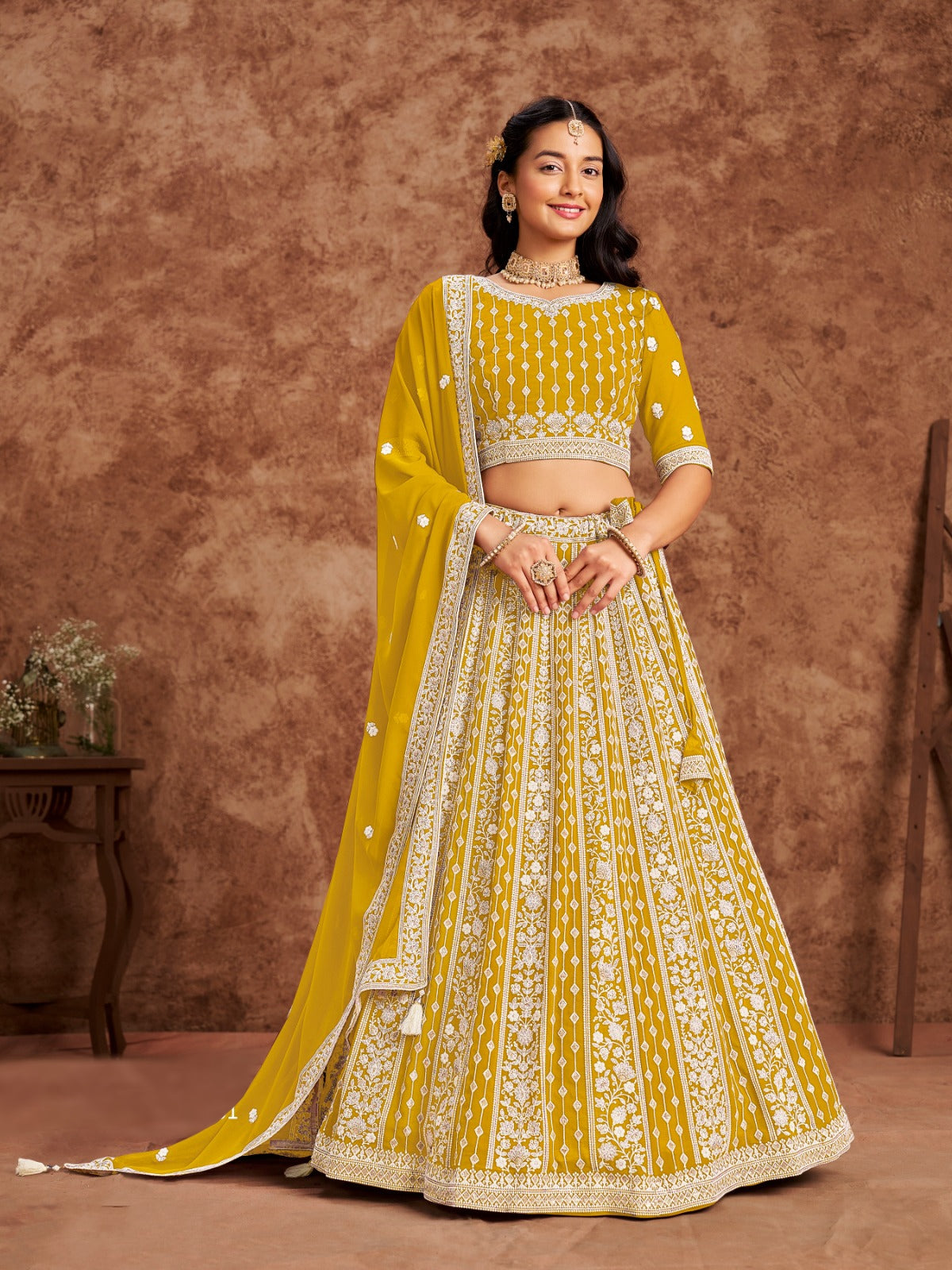 Georgette Lehenga Mustard Color With Thread Sequins Work