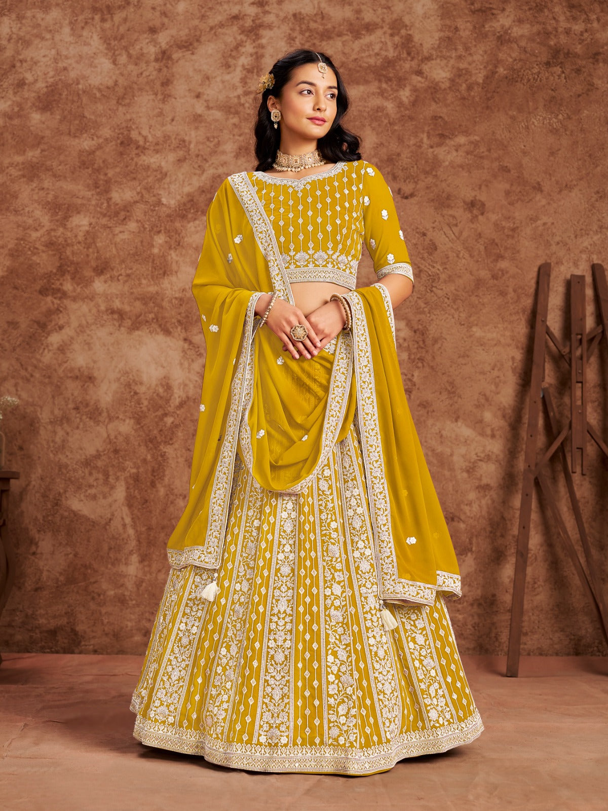 Georgette Lehenga Mustard Color With Thread Sequins Work