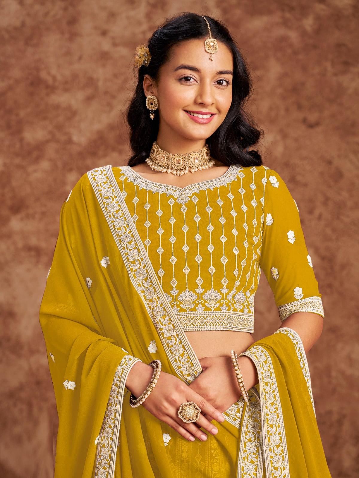 Georgette Lehenga Mustard Color With Thread Sequins Work