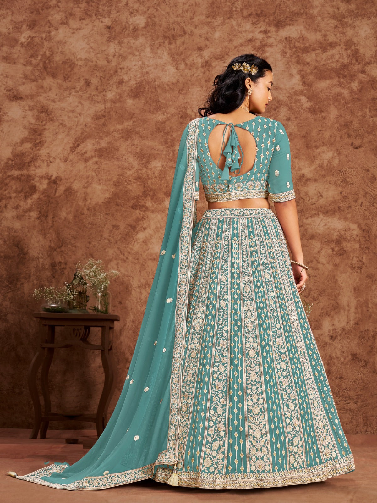 Thread Sequins Work Sky Blue Georgette Lehenga Choli Dupatta