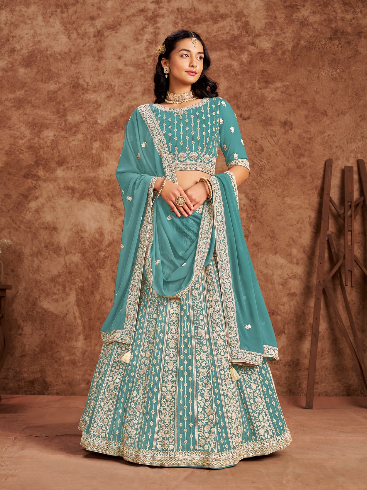 Thread Sequins Work Sky Blue Georgette Lehenga Choli Dupatta