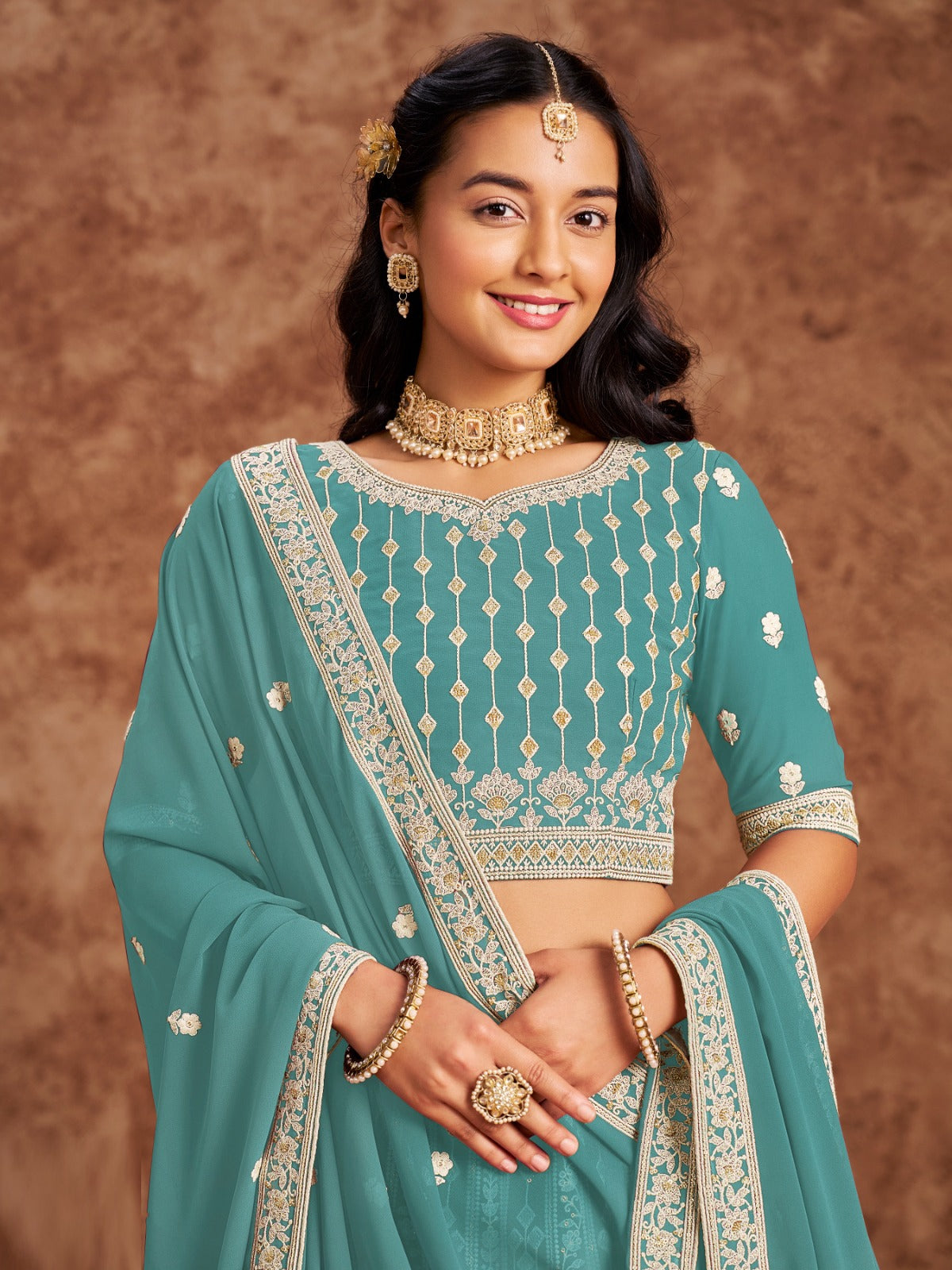 Thread Sequins Work Sky Blue Georgette Lehenga Choli Dupatta