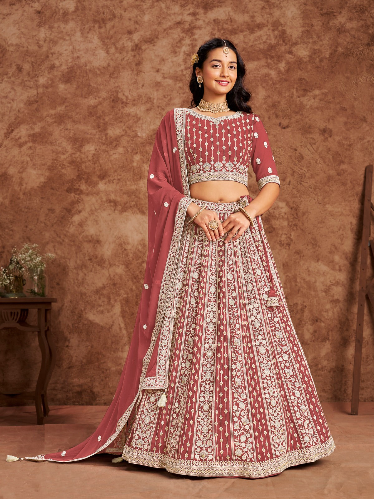 Rust Georgette Lehenga With Thread Sequins Work