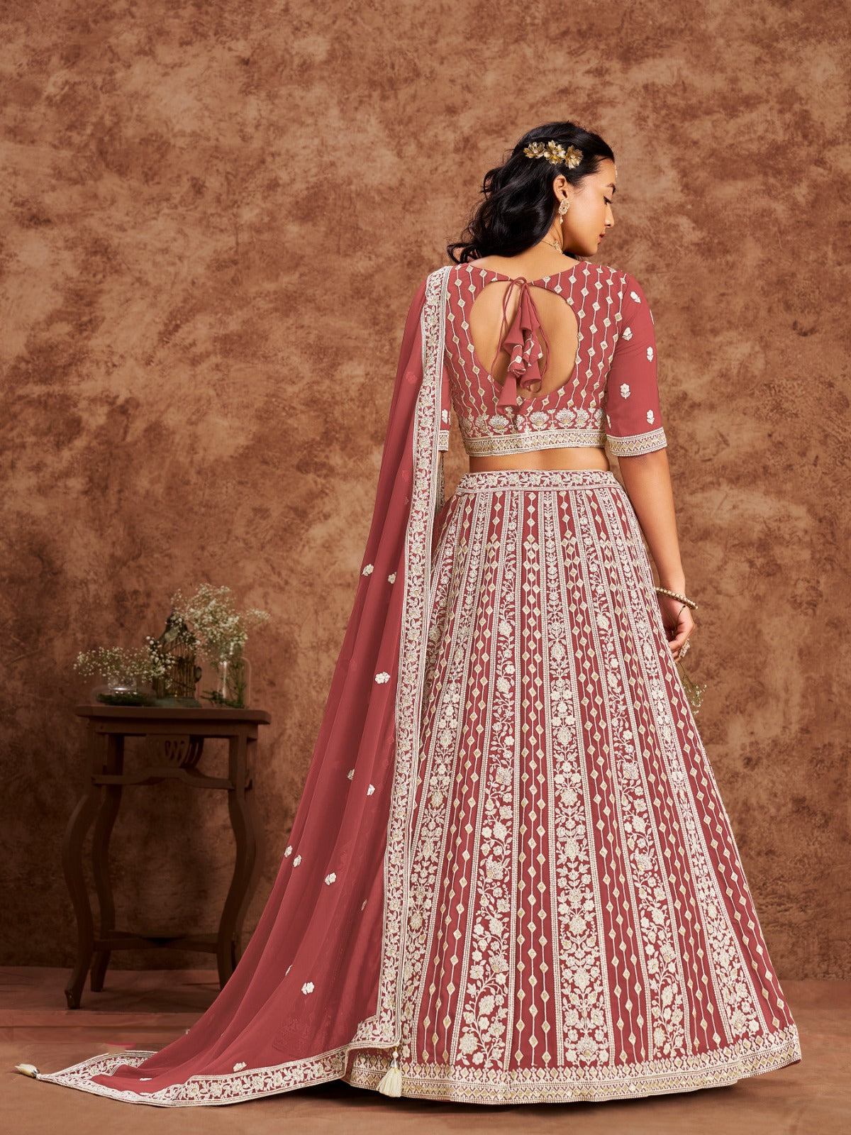 Rust Georgette Lehenga With Thread Sequins Work