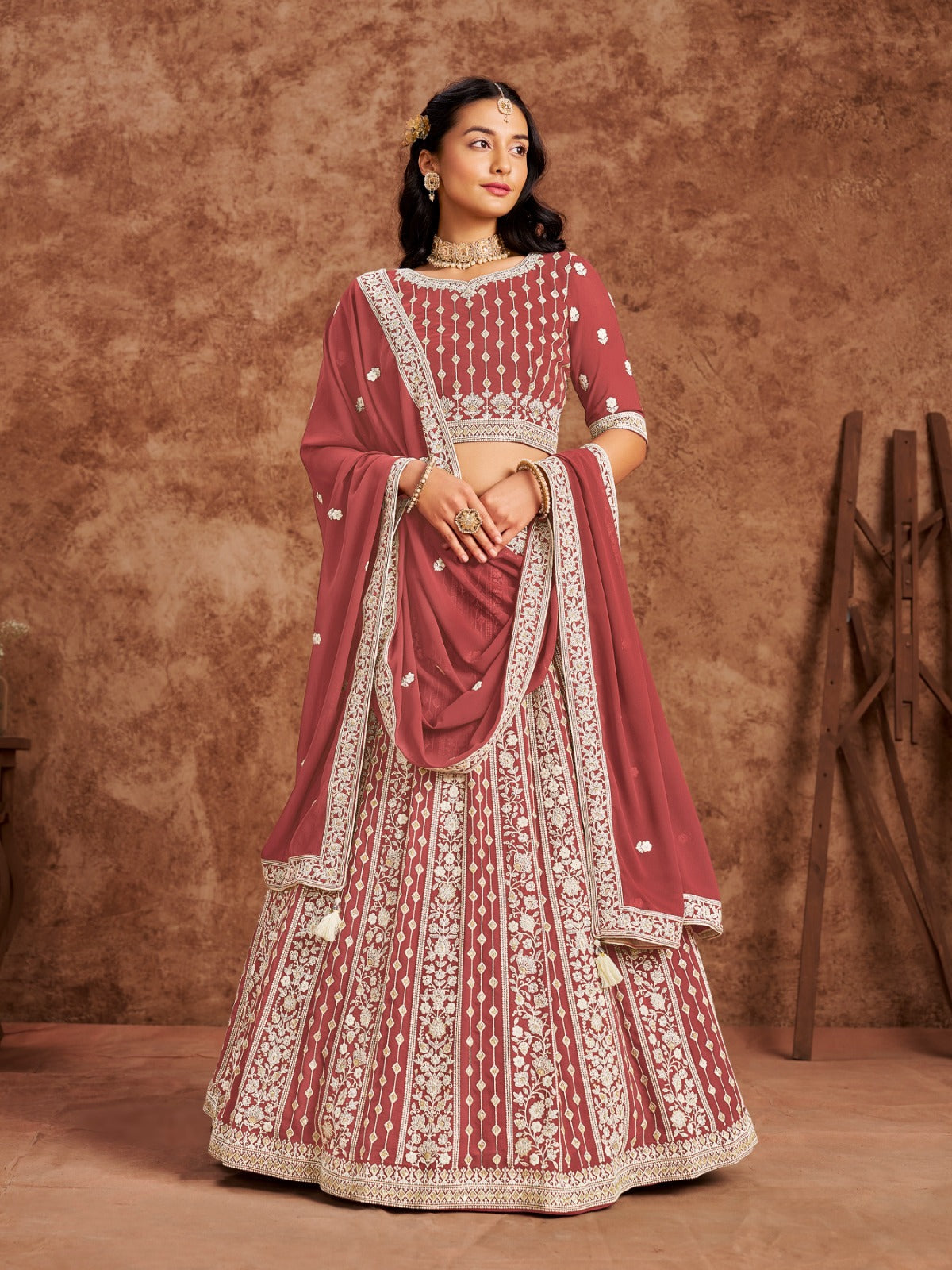 Rust Georgette Lehenga With Thread Sequins Work