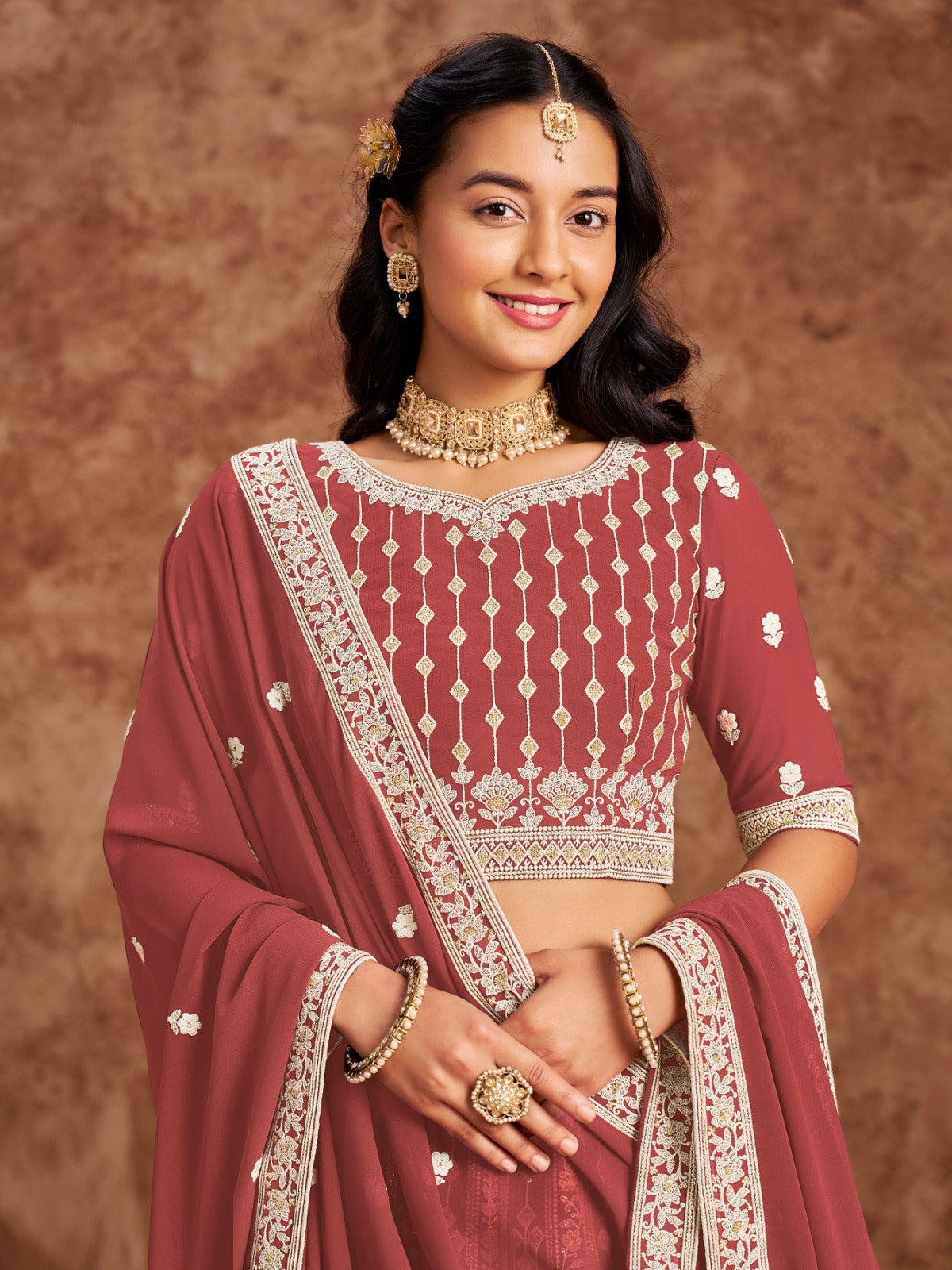Rust Georgette Lehenga With Thread Sequins Work