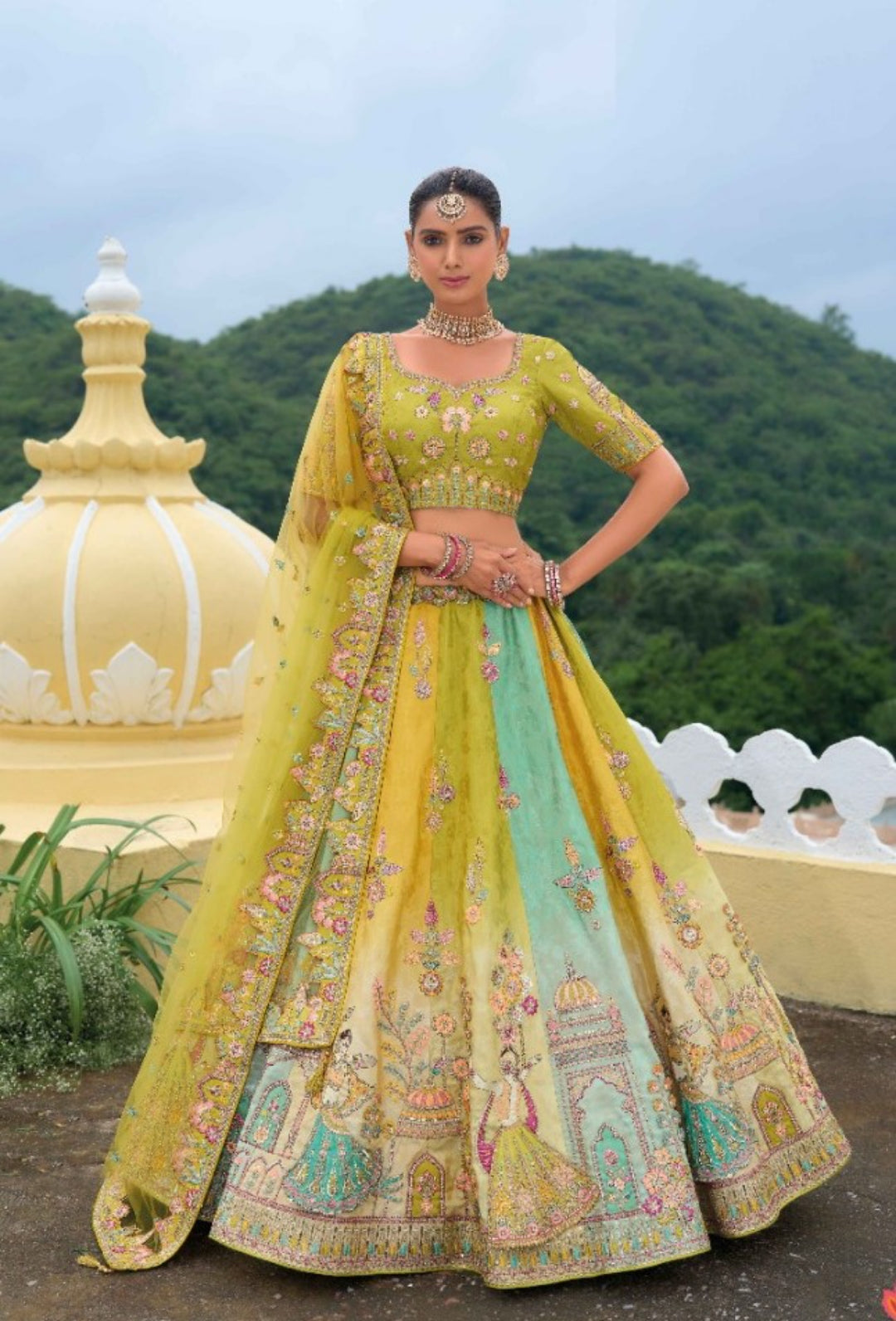 Embroidery Work Green And Blue Silk Bridal Lehenga