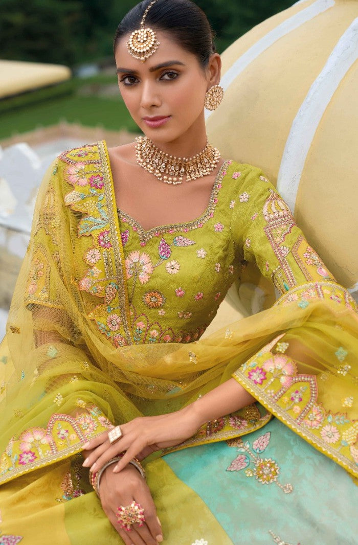 Embroidery Work Green And Blue Silk Bridal Lehenga