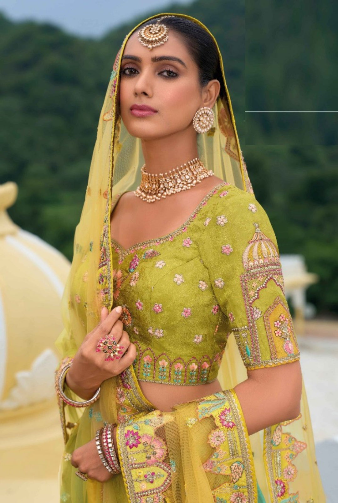 Embroidery Work Green And Blue Silk Bridal Lehenga