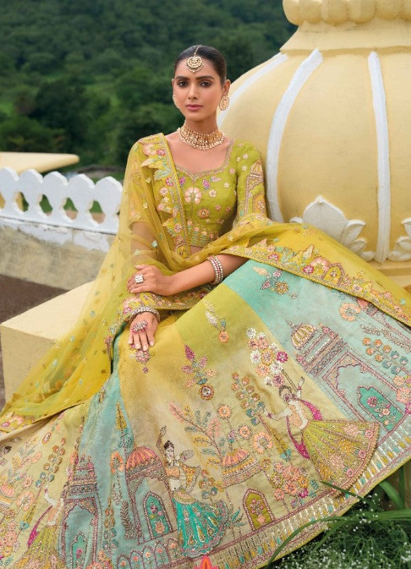 Embroidery Work Green And Blue Silk Bridal Lehenga