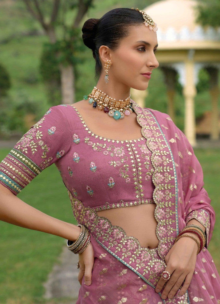 Violet Silk Indian Bridal Lehenga With Embroidery Work