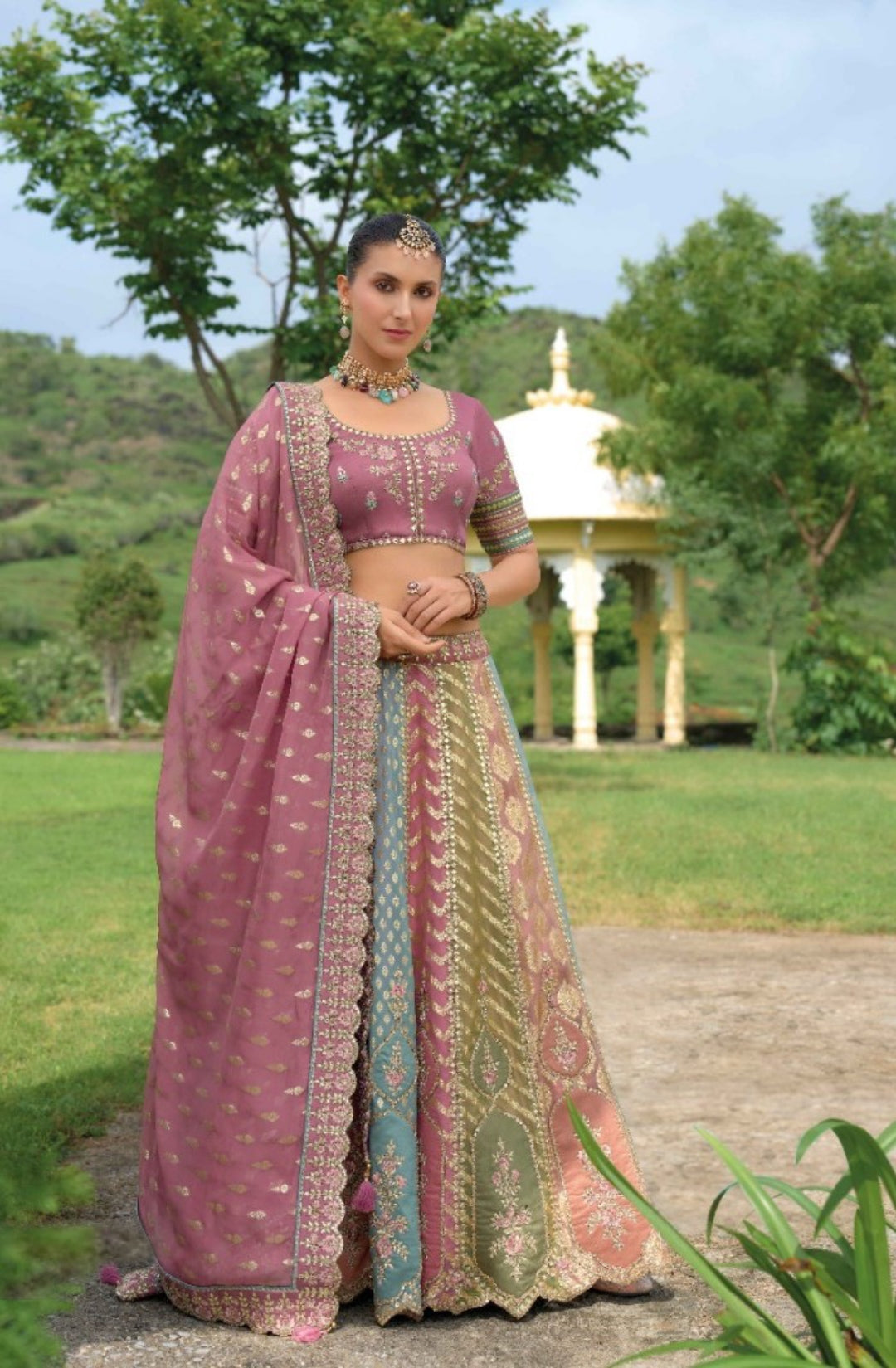 Violet Silk Indian Bridal Lehenga With Embroidery Work