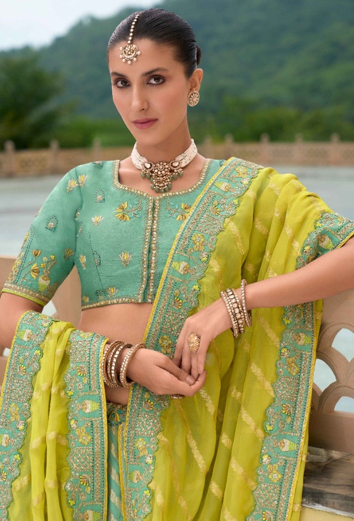 Sea Blue And Green Silk Bridal Lehenga With Embroidery Work