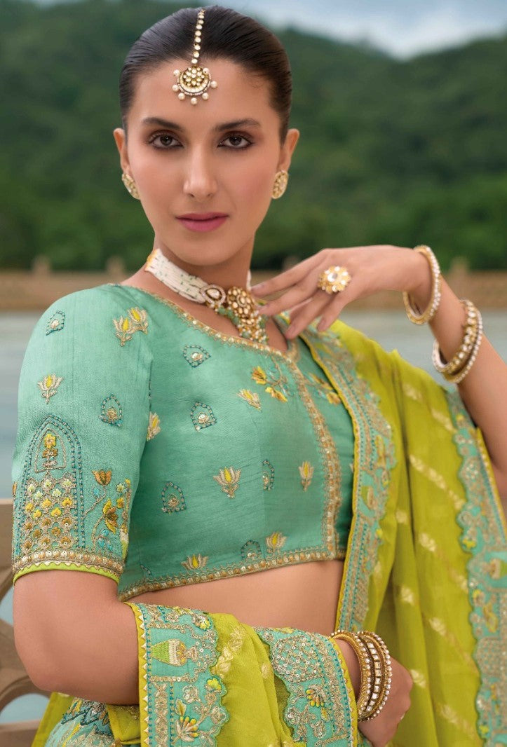 Sea Blue And Green Silk Bridal Lehenga With Embroidery Work