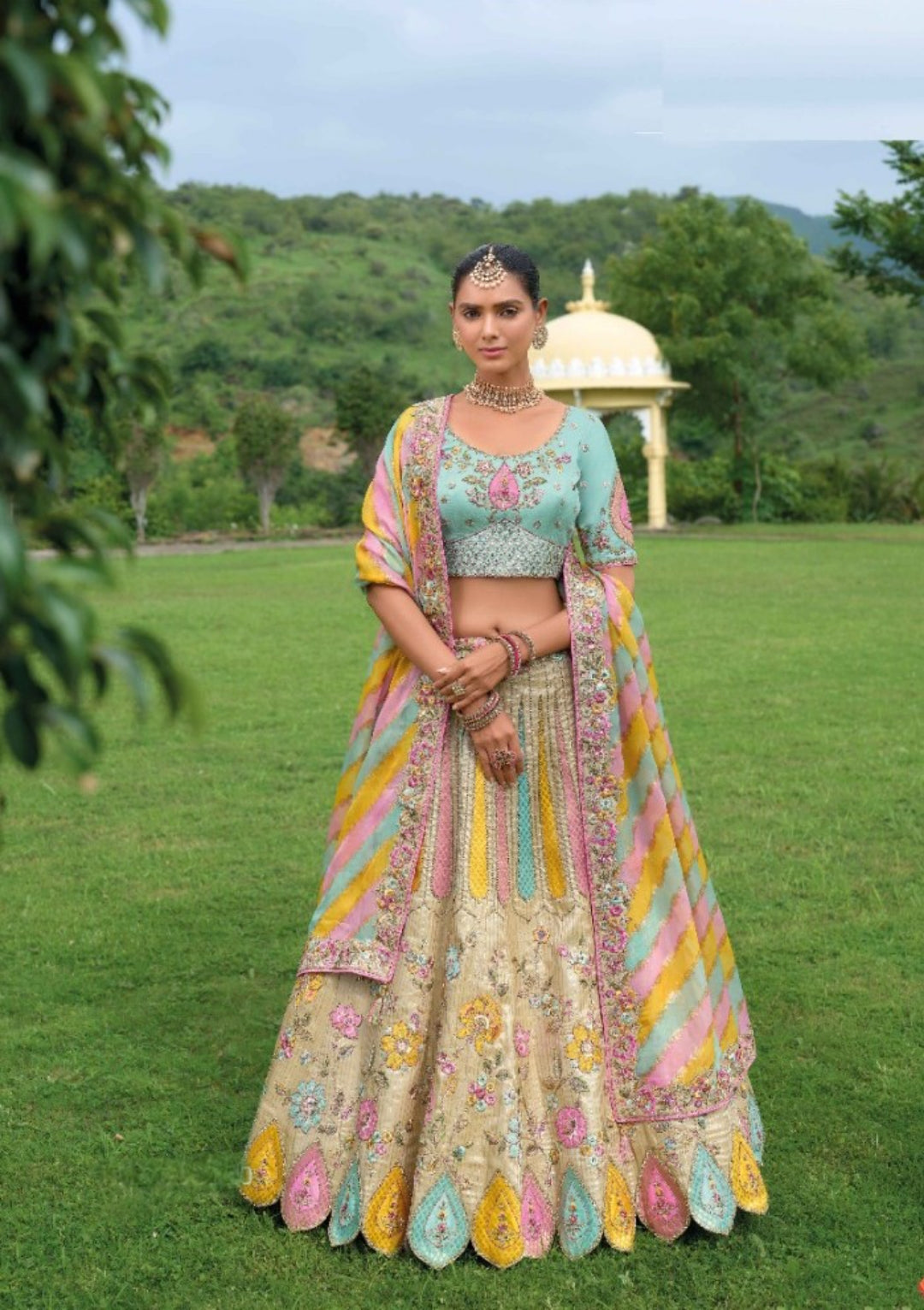 Glamour Off White And Blue Silk Bridal Lehenga Set