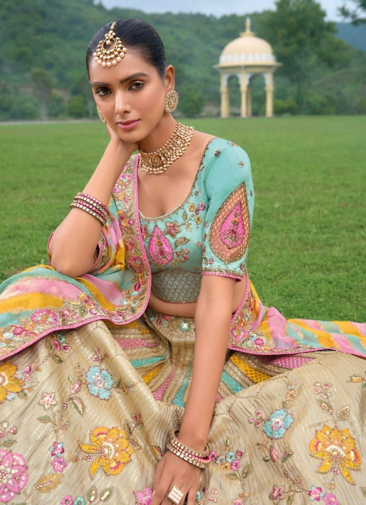 Glamour Off White And Blue Silk Bridal Lehenga Set