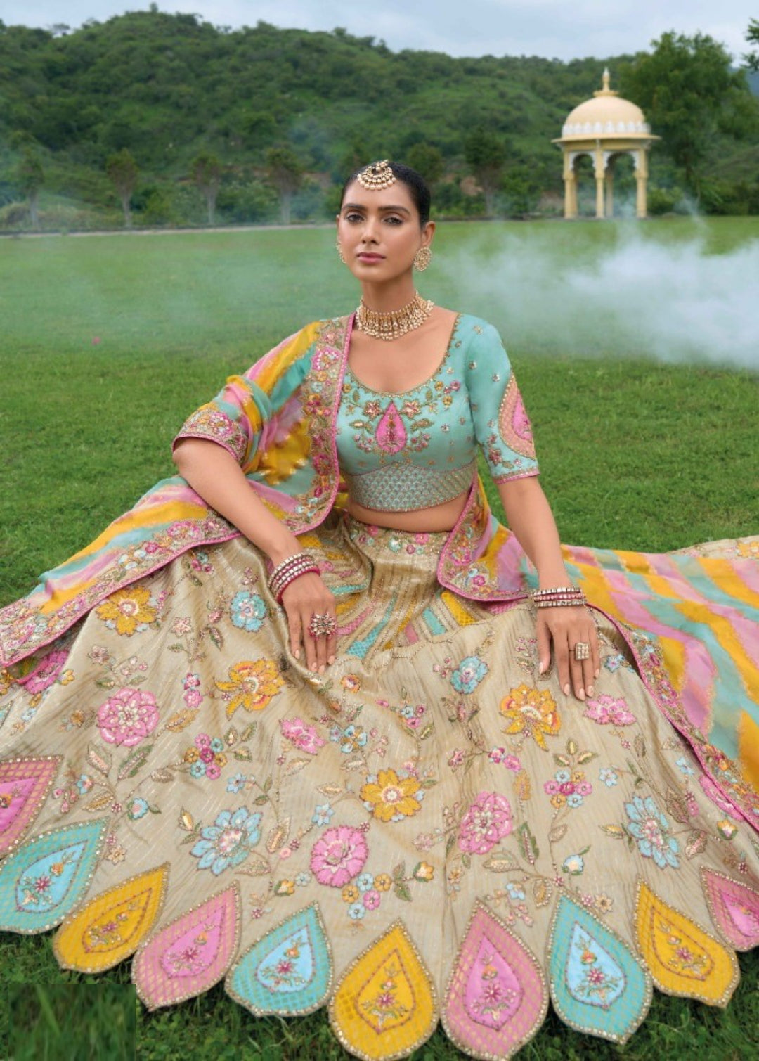 Glamour Off White And Blue Silk Bridal Lehenga Set