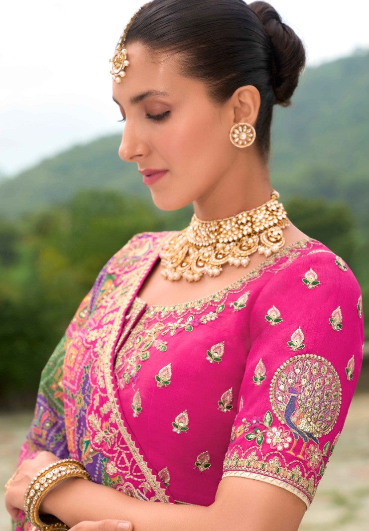 Colorful Off White And Pink Silk Bridal Lehenga With Embroidery Work