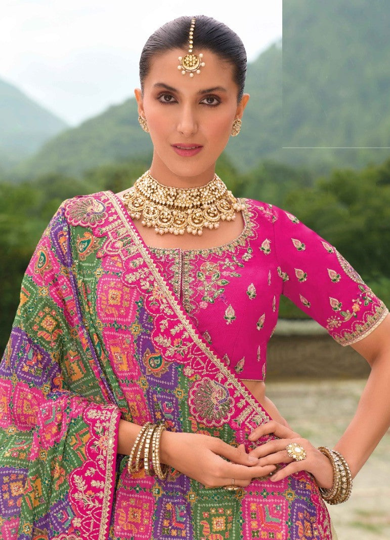 Colorful Off White And Pink Silk Bridal Lehenga With Embroidery Work