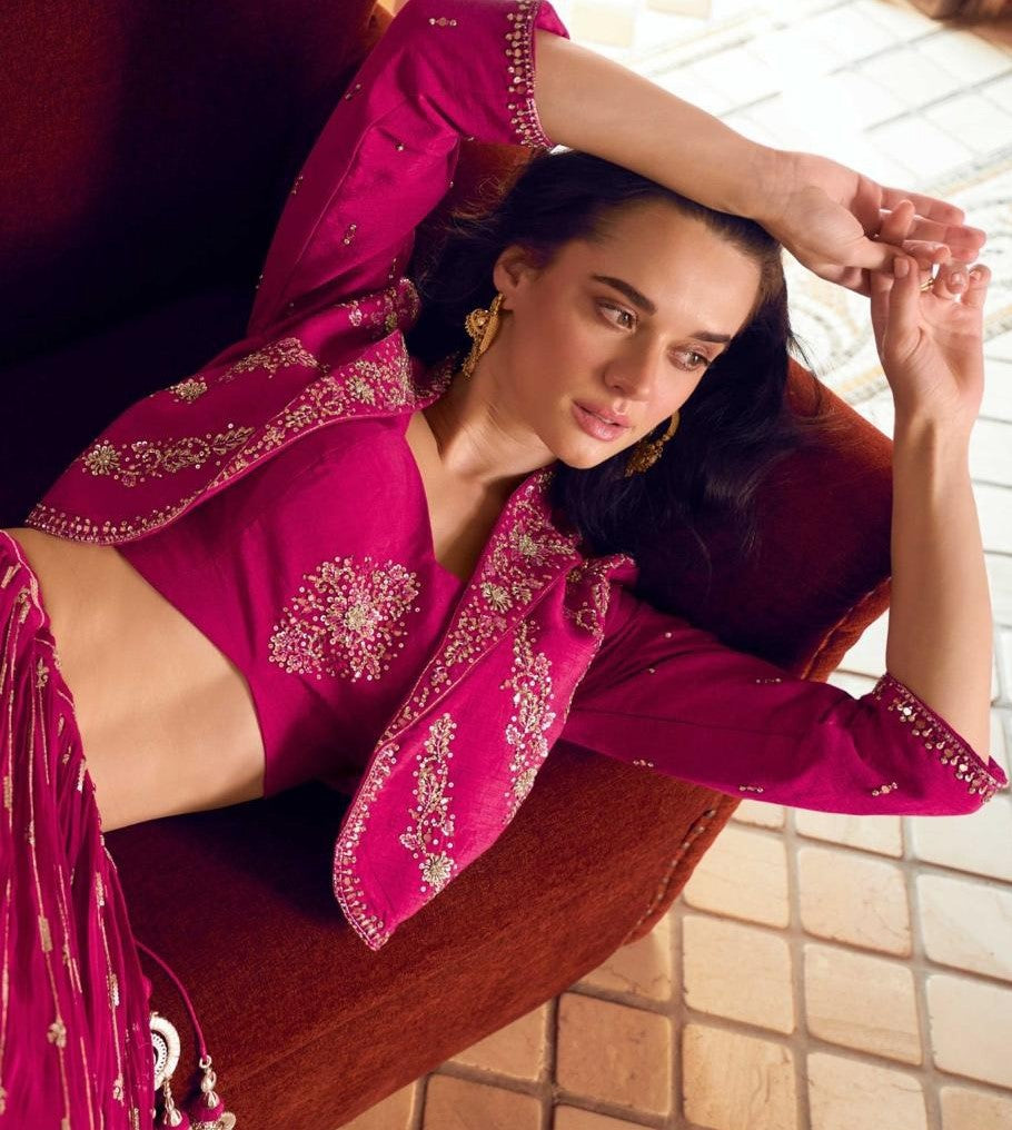 Women Pink Chinon Silk Lehenga Choli With Shrug