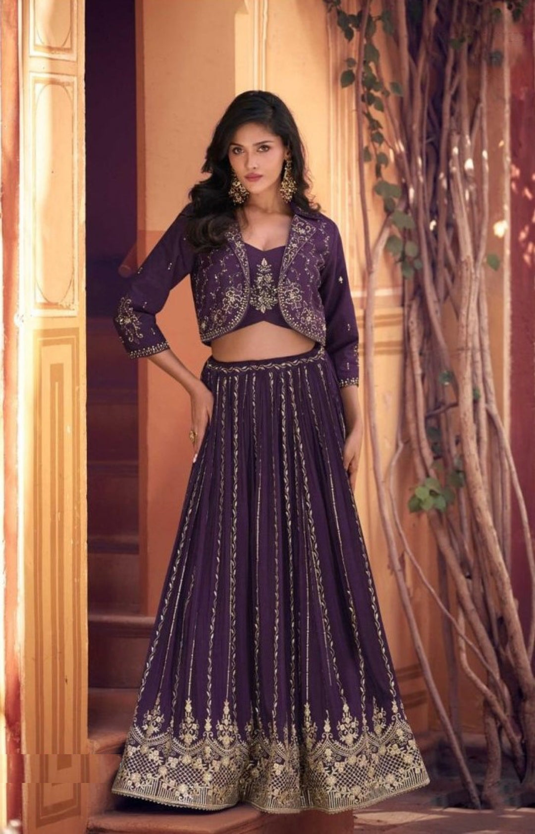 Women Violet Chinon Silk Lehenga Choli With Shrug