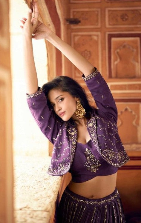 Women Violet Chinon Silk Lehenga Choli With Shrug