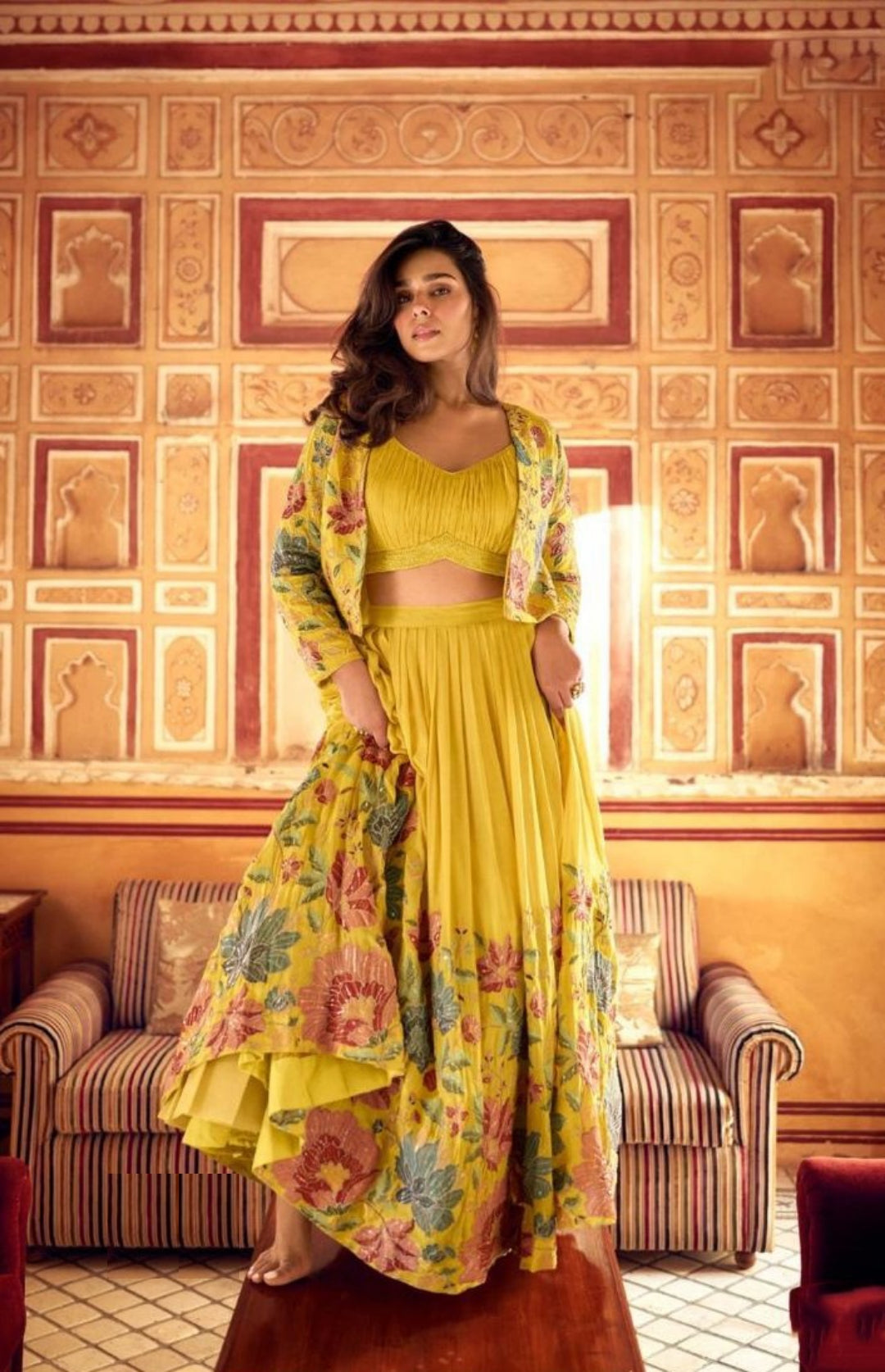 Women Yellow Silk Lehenga Choli With Shrug