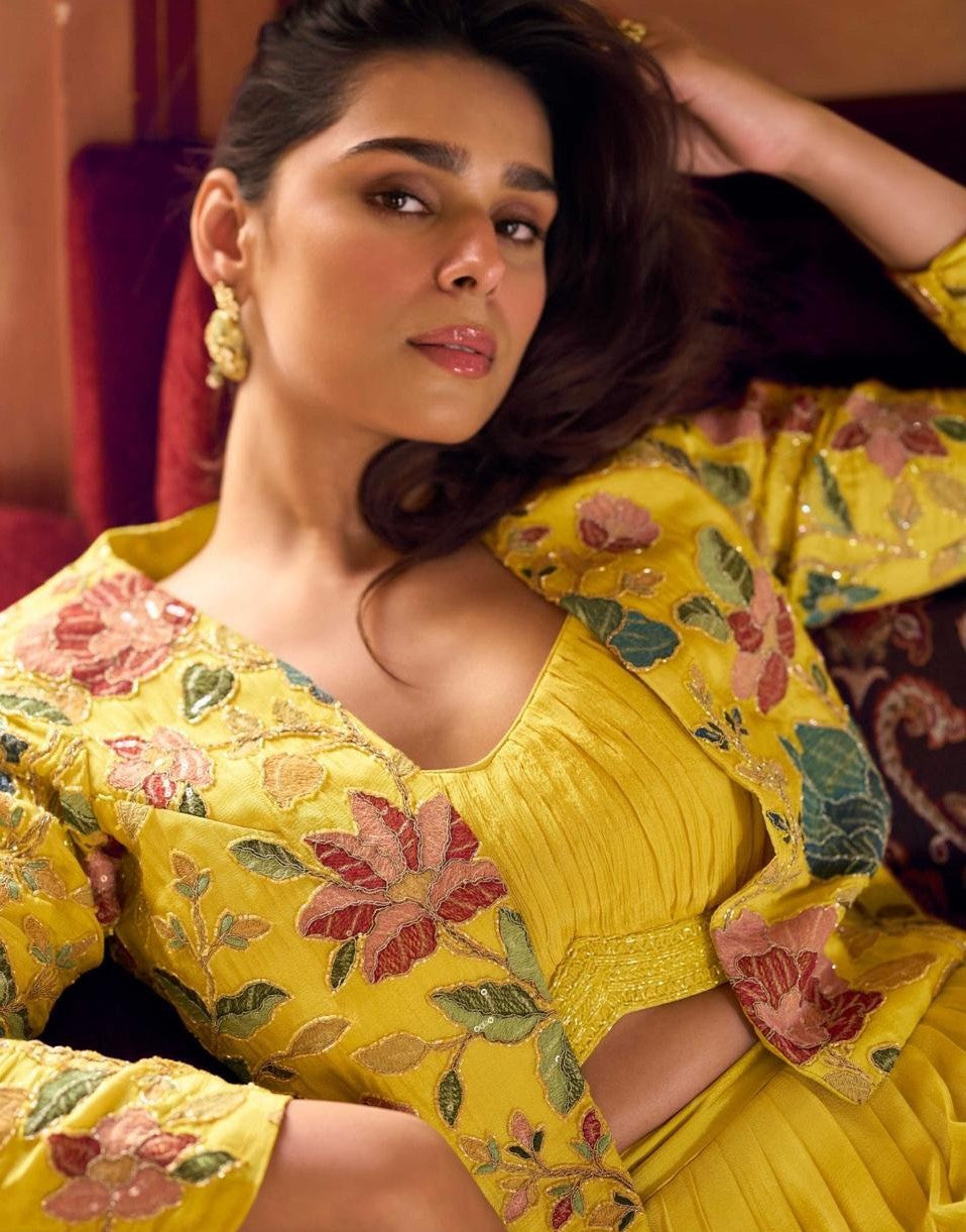 Women Yellow Silk Lehenga Choli With Shrug