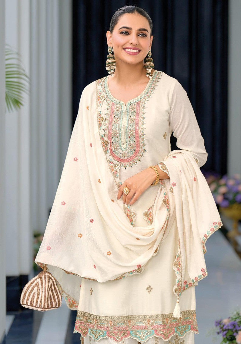 Fancy White Chinon Kurta Palazzo Dupatta Set