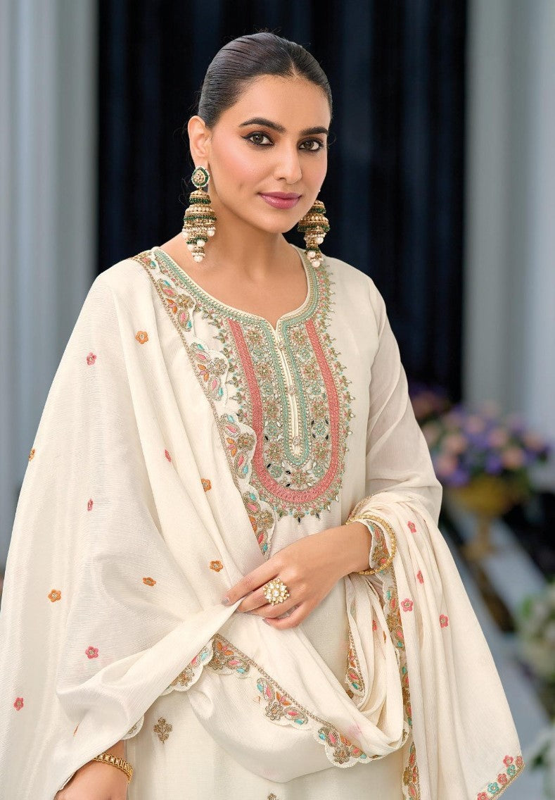 Fancy White Chinon Kurta Palazzo Dupatta Set
