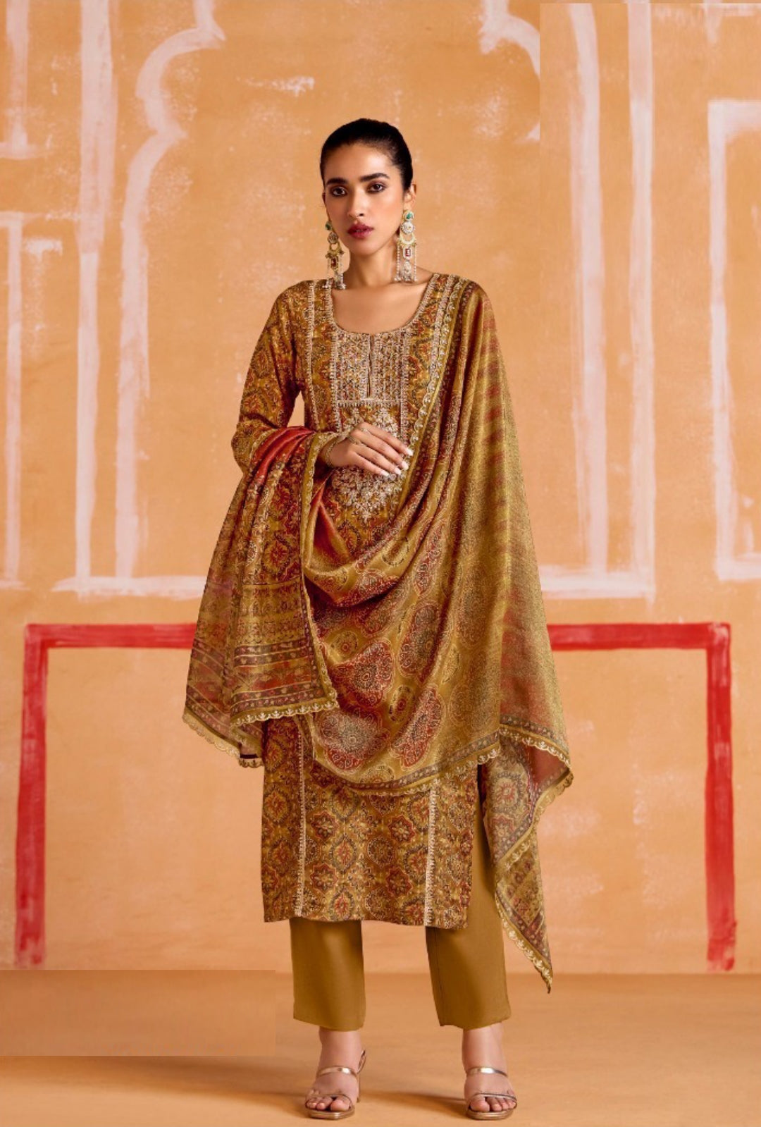 Breathtaking Khaki Muslin Banarasi Zari Digital Print With Embroidery Work Straight-Cut Suit Set