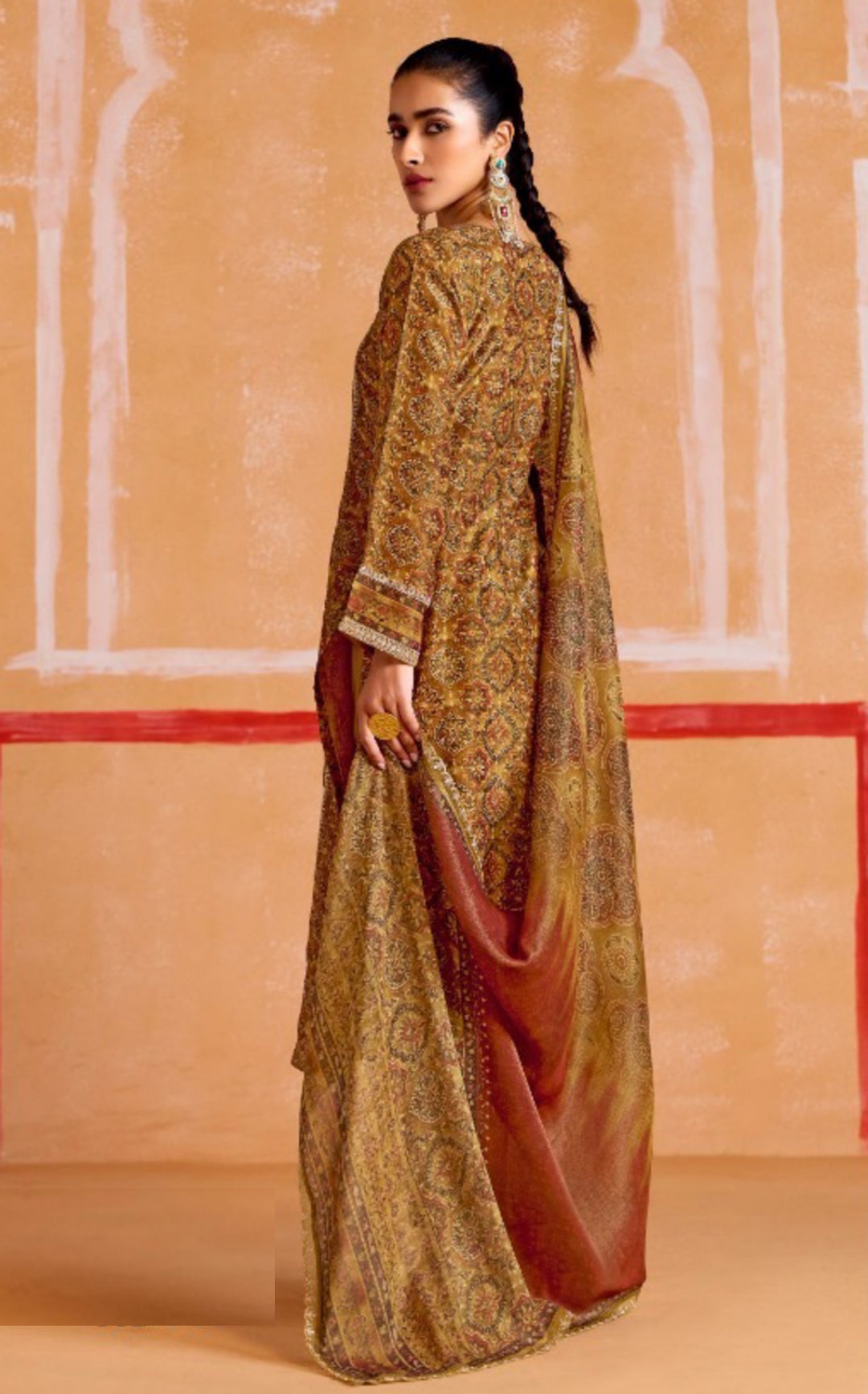 Breathtaking Khaki Muslin Banarasi Zari Digital Print With Embroidery Work Straight-Cut Suit Set