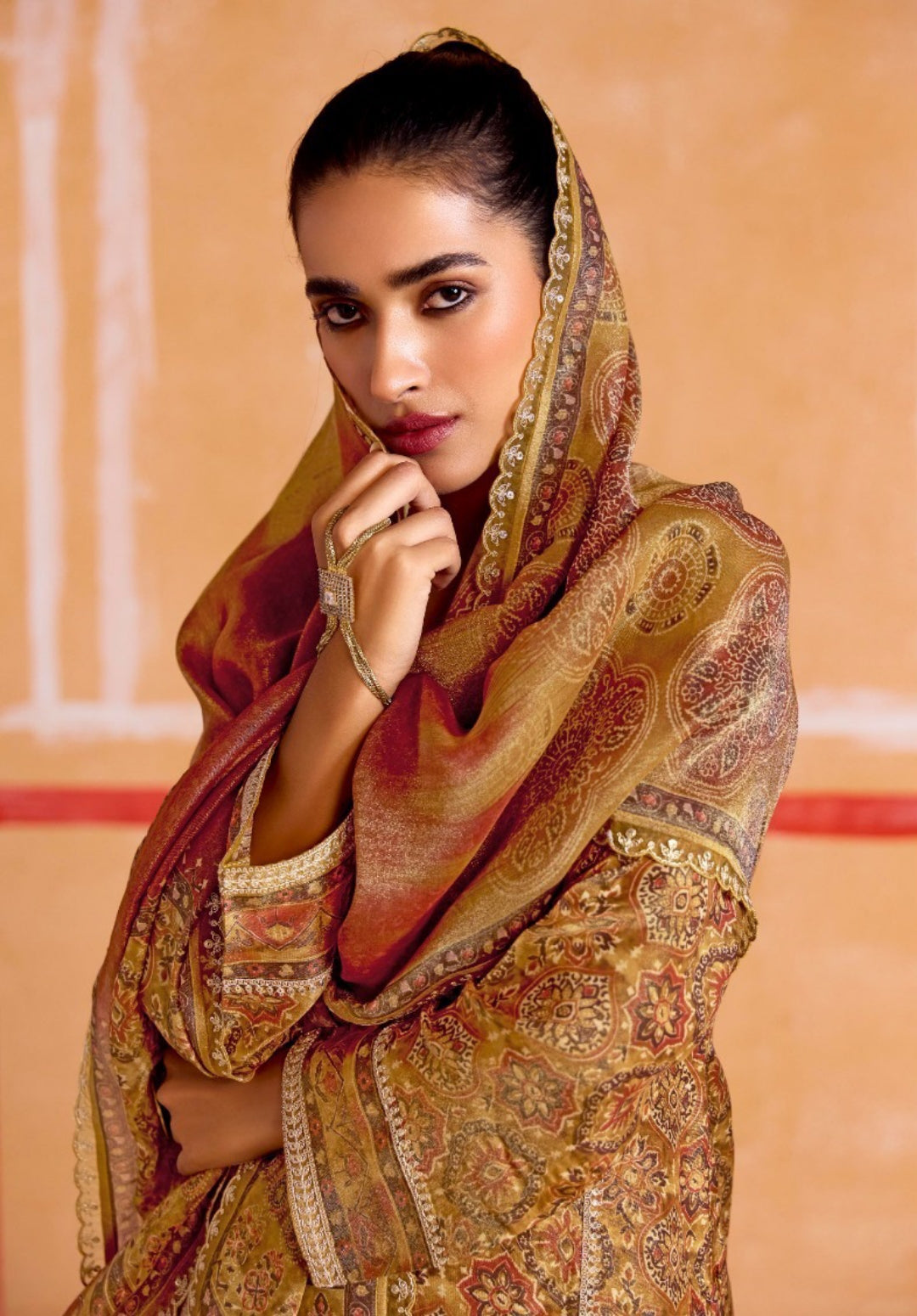 Breathtaking Khaki Muslin Banarasi Zari Digital Print With Embroidery Work Straight-Cut Suit Set
