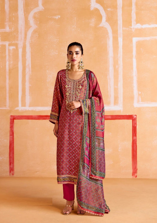 Gleaming Pink Muslin Banarasi Zari Digital Print With Embroidery Work Straight-Cut Suit Set
