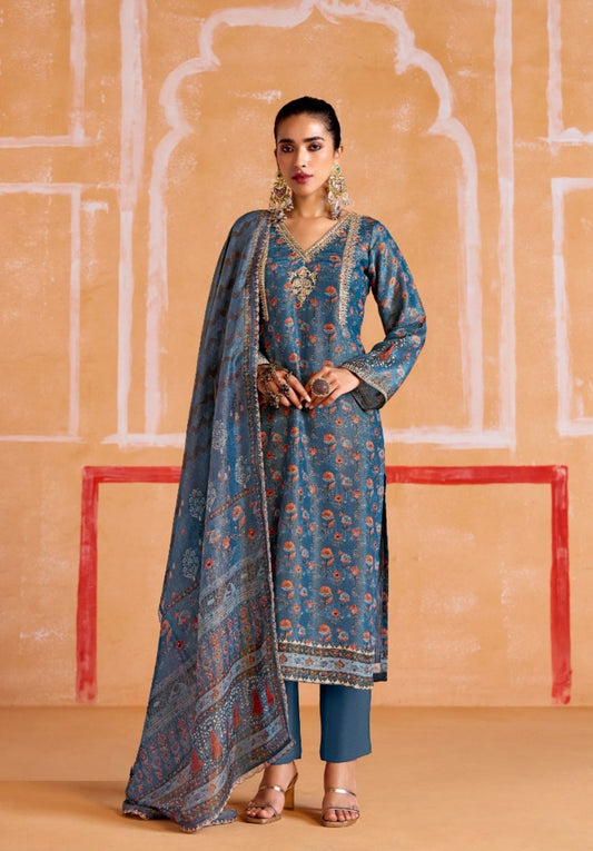 Luxe Navy Blue Muslin Banarasi Zari Digital Print With Embroidery Work Straight-Cut Suit Set