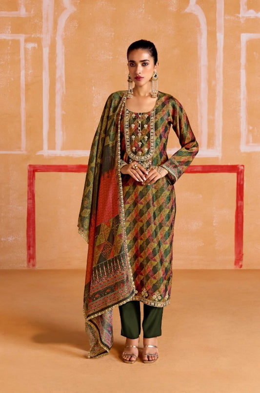 Immaculate Green Muslin Banarasi Zari Digital Print With Embroidery Work Straight-Cut Suit Set