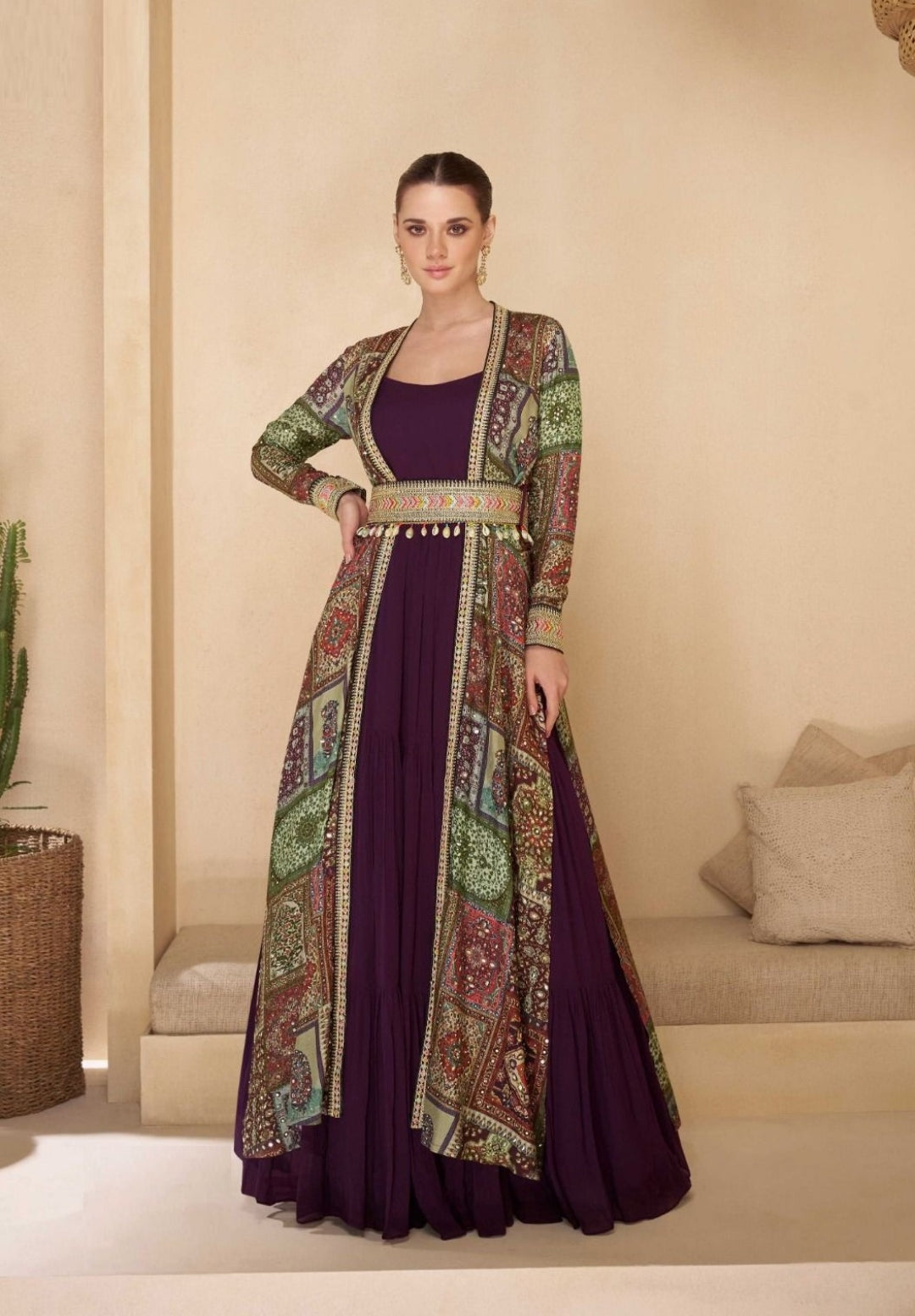 Embroidery Georgette Purple Gown With Multicolor Shrug