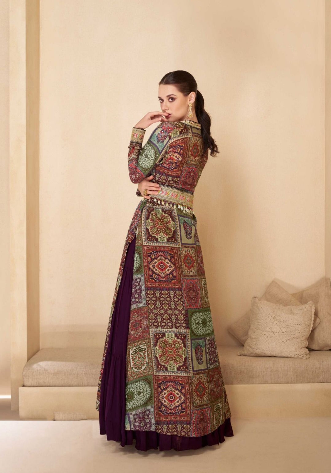 Embroidery Georgette Purple Gown With Multicolor Shrug